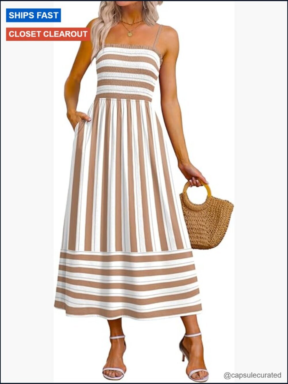 Spaghetti Strap Maxi Dress Smocked with Pockets Boho Beach Sundress